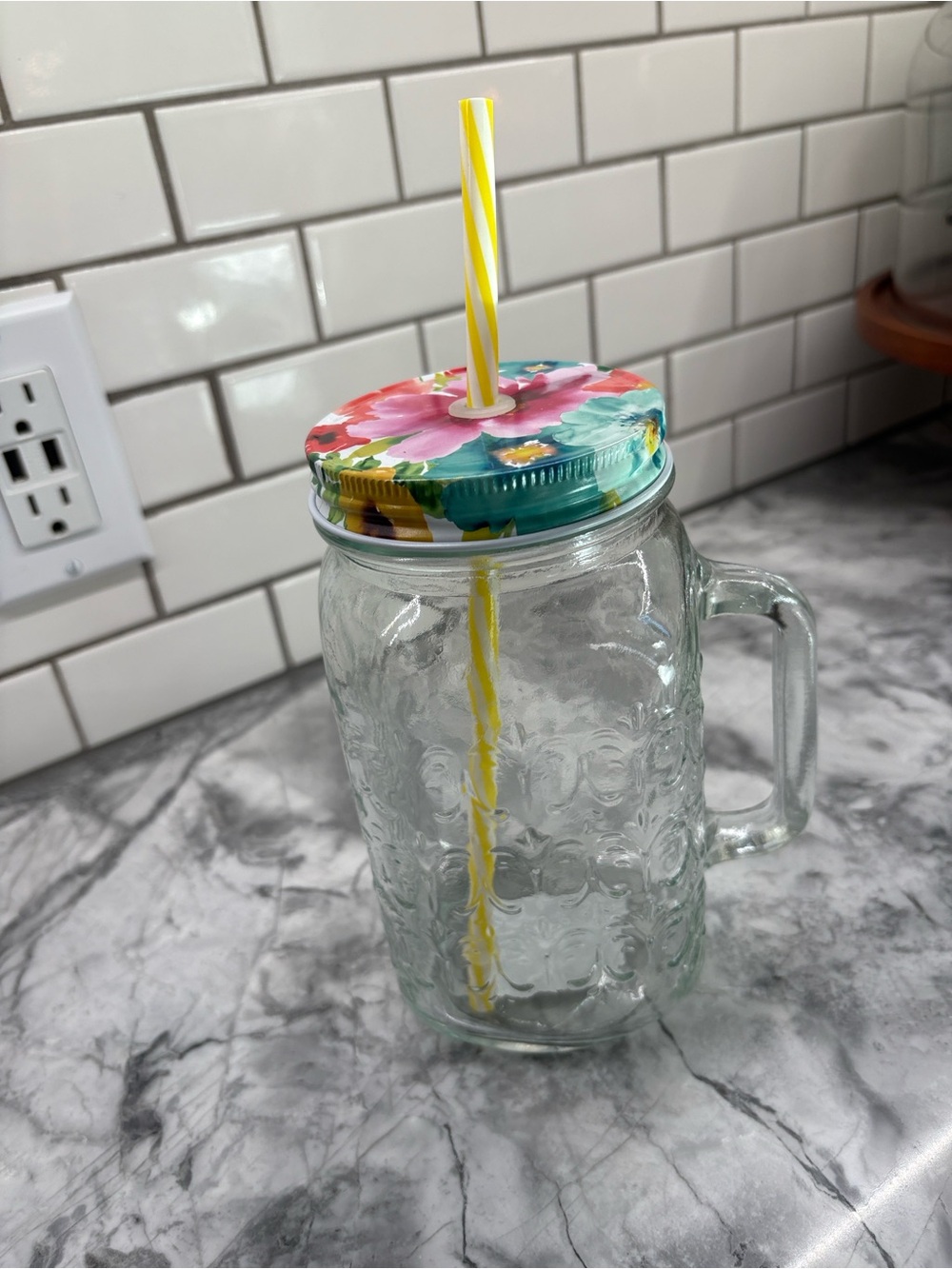 Floral-Top Glass Mason Mug with Yellow Stripe Straw